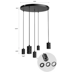 Calex Retro lámpara colgante redondo 5 luces negro