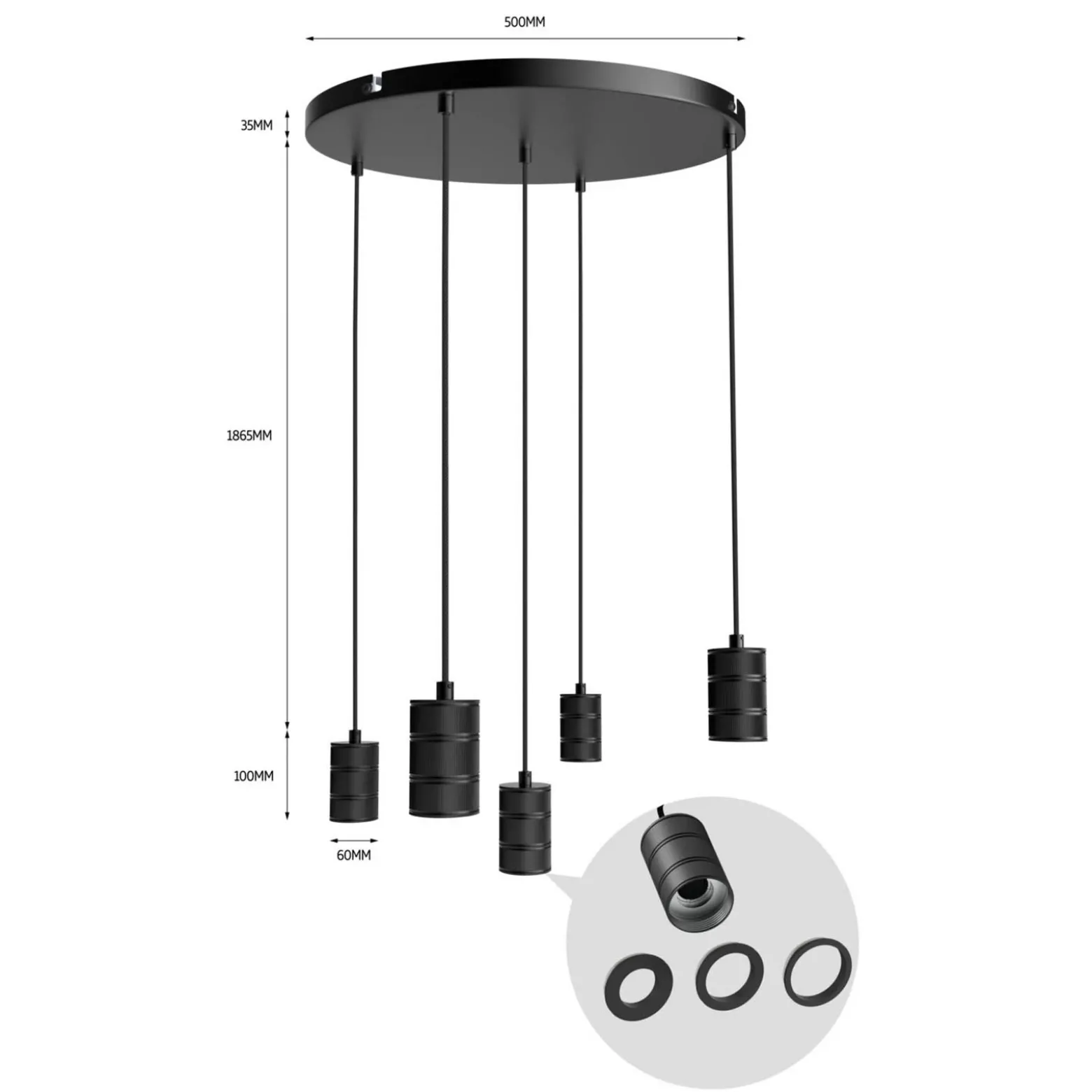 Calex Retro lámpara colgante redondo 5 luces negro