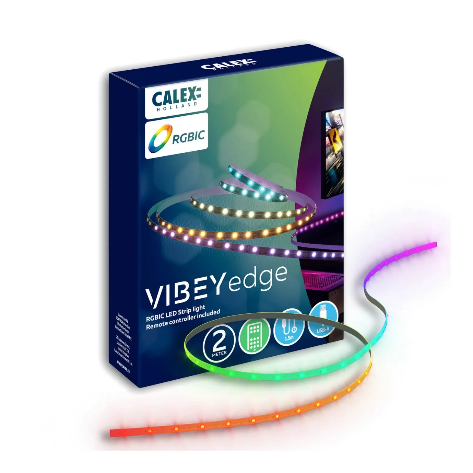Calex tira LED Vibey, longitud 2 m, USB, control remoto, RGBIC, CCT