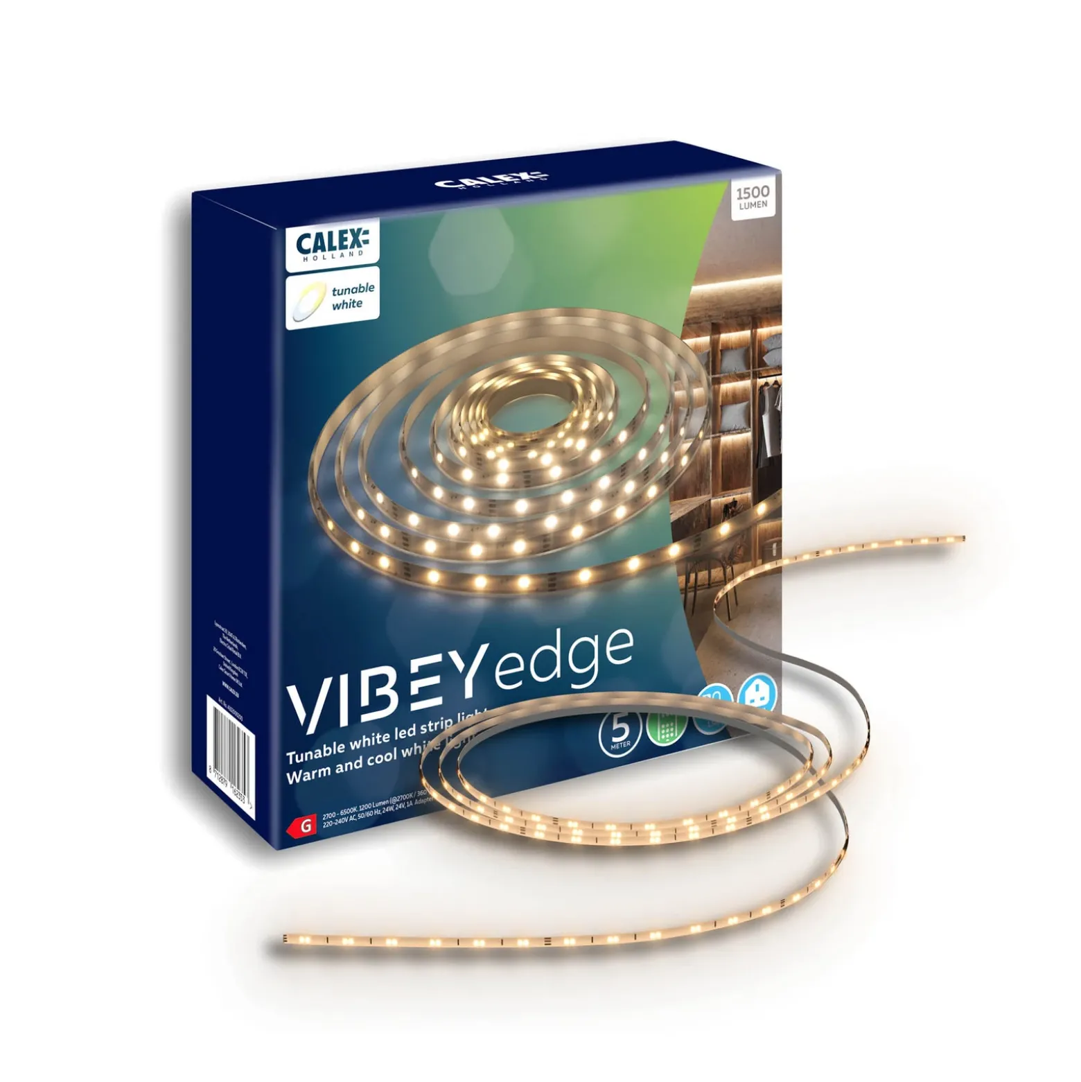 Calex tira LED Vibey, longitud 5 m, enchufe, control remoto, CCT