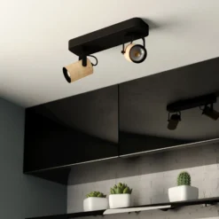 Cayuca downlight de techo, decoración en negro/madera, 2 luces