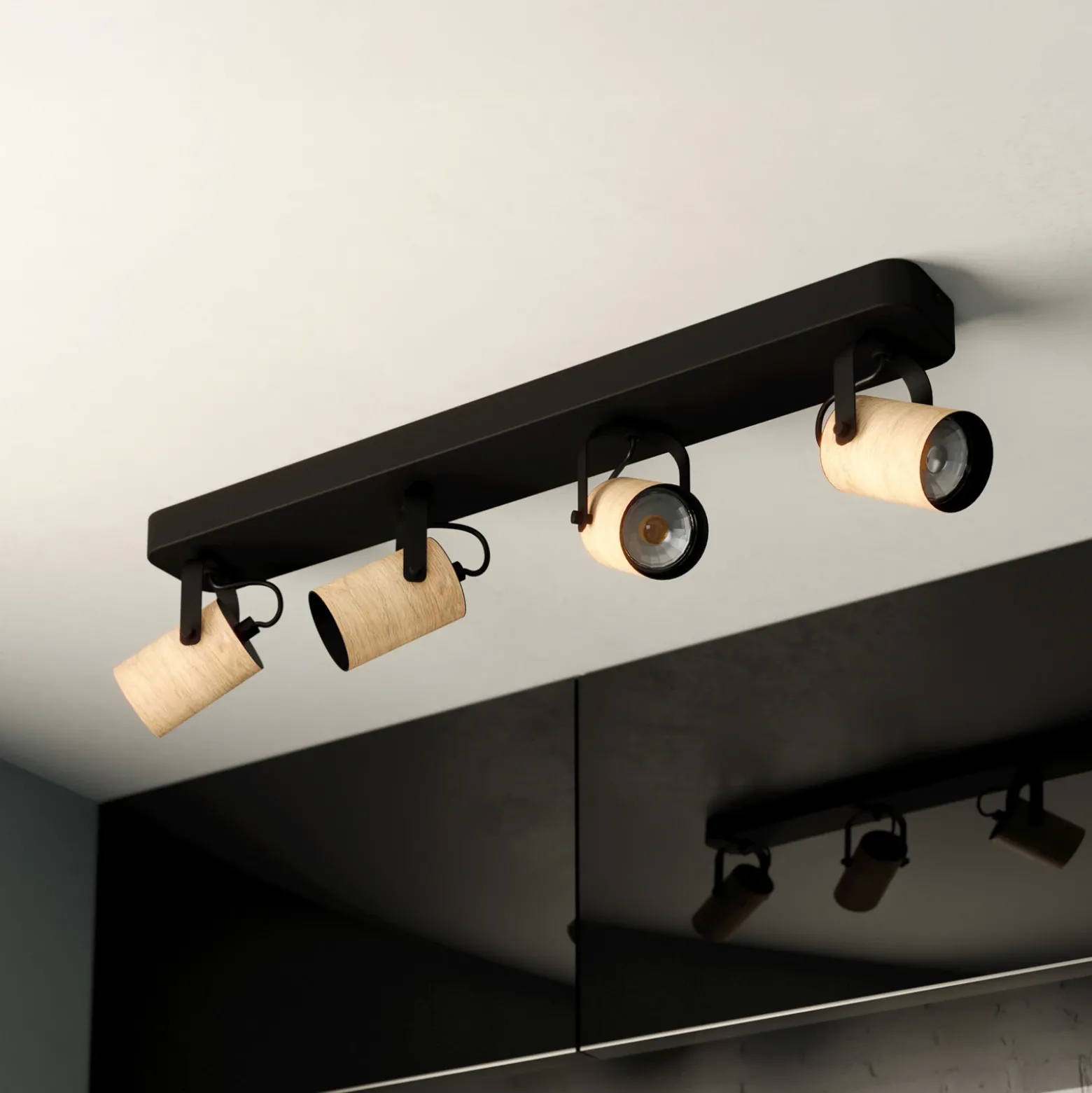 Cayuca downlight de techo, decoración en negro/madera, 4 luces