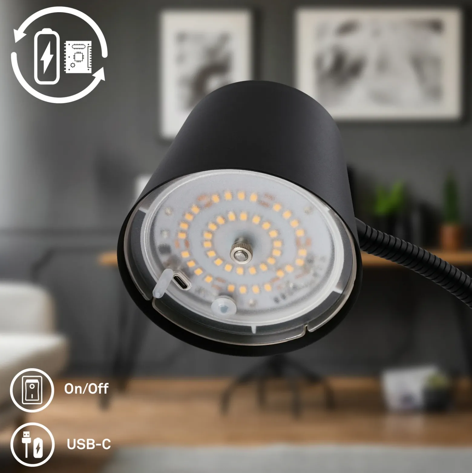 Cielo lámpara de pie LED recargable, negra, regulador táctil, cable USB