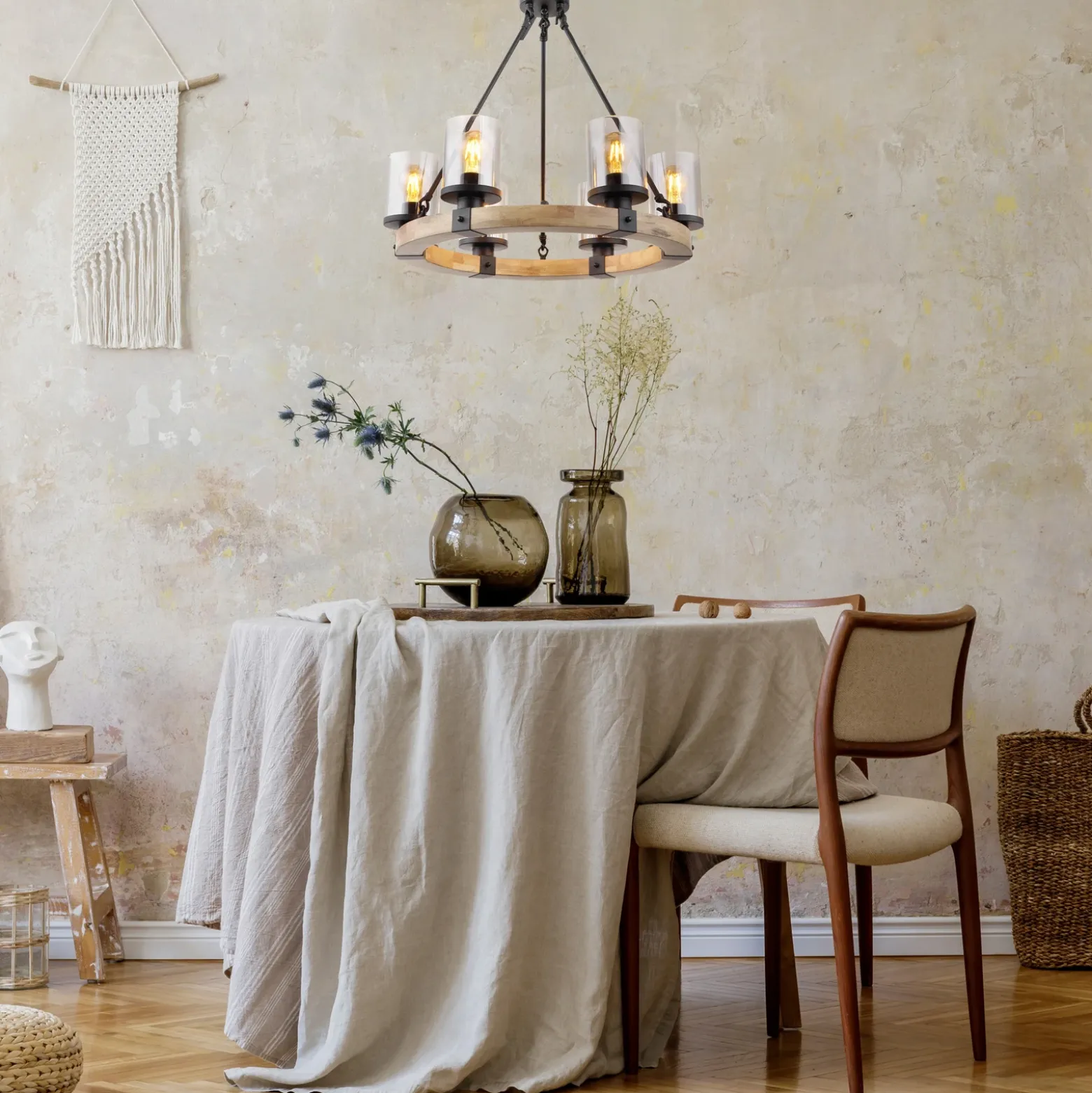 Colgante Lila con anillo de madera redondo 6 luces