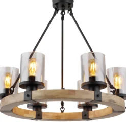 Colgante Lila con anillo de madera redondo 6 luces