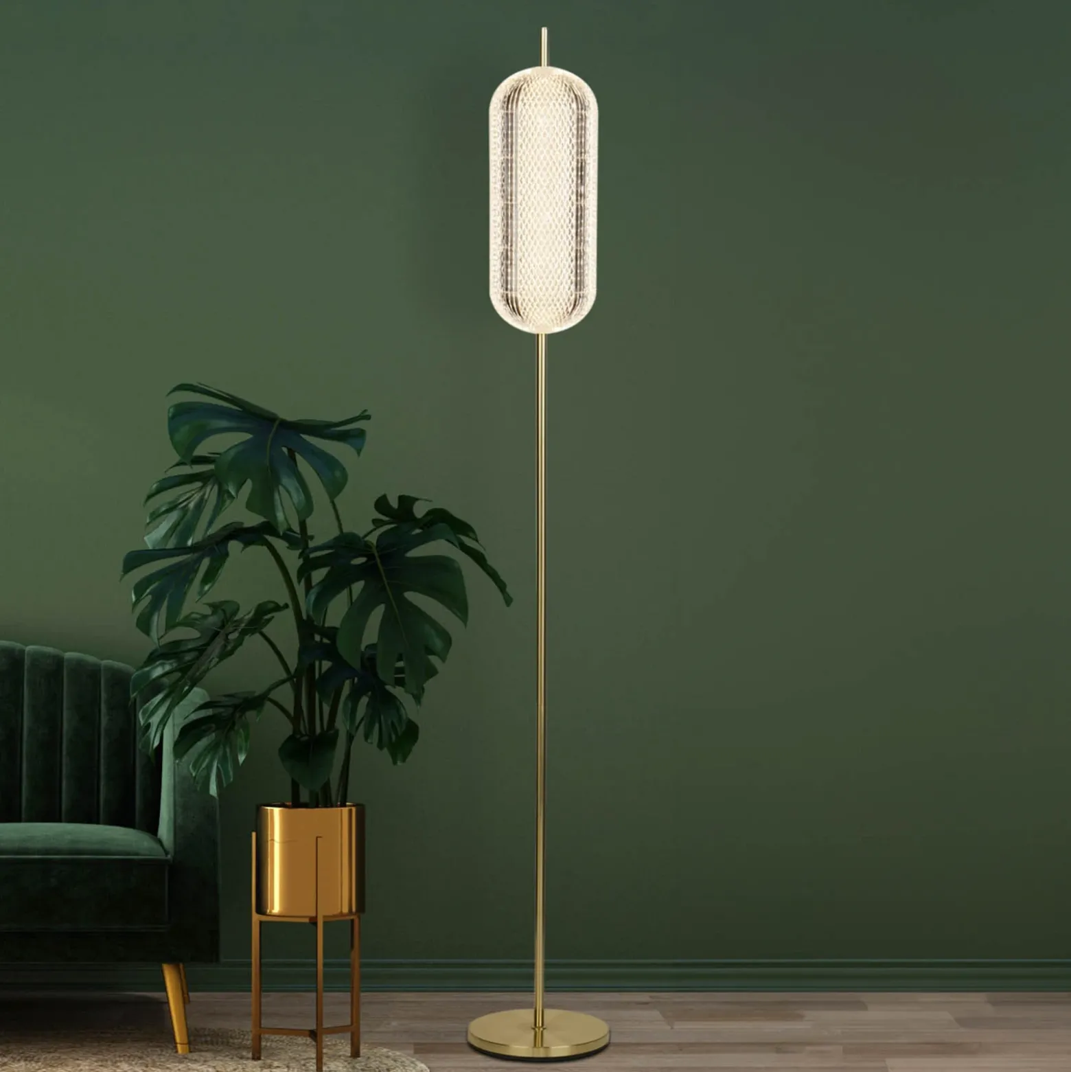 Cápsula lámpara de pie LED, color latón, hierro, acrílico
