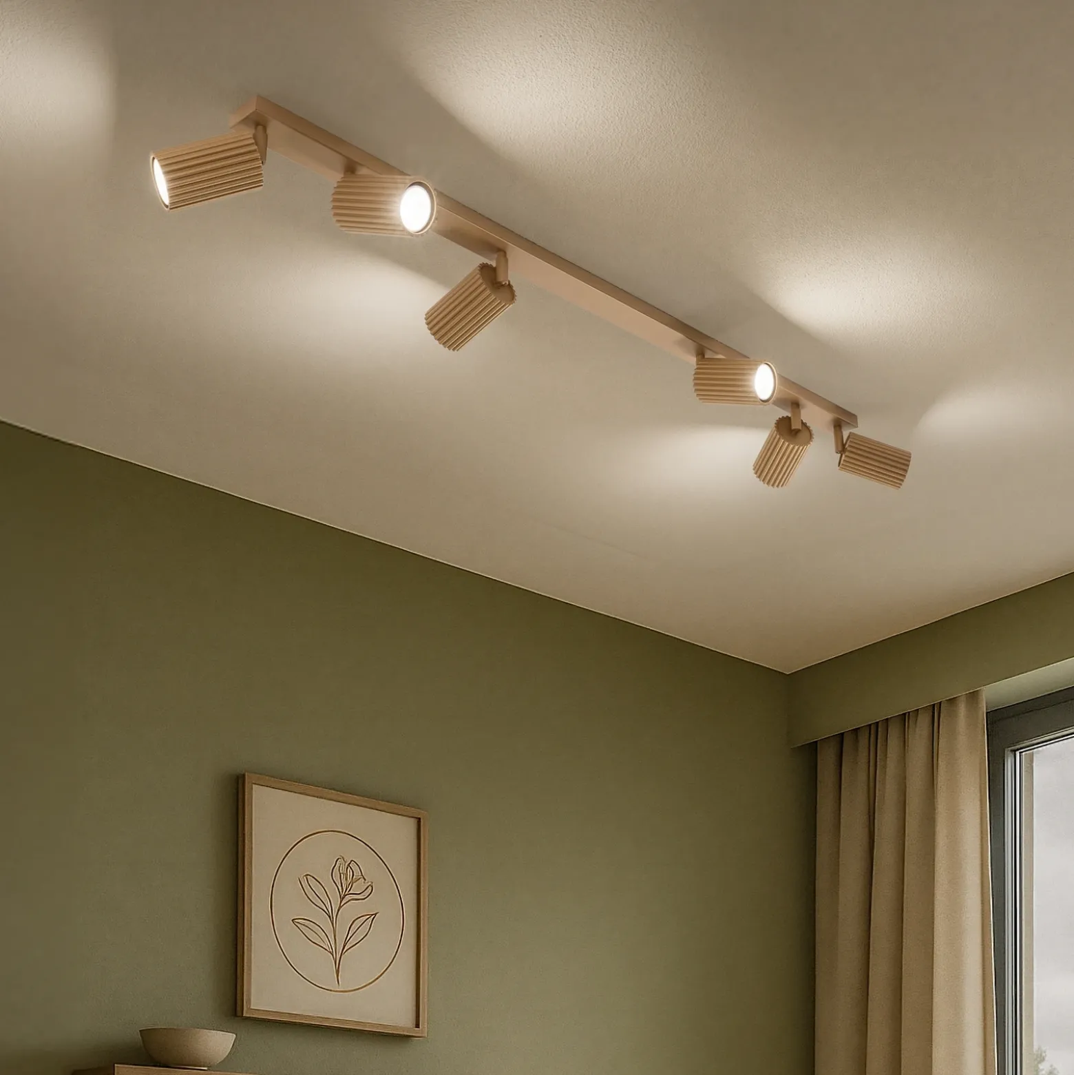 Downlight de techo carbono, dorado, longitud 117 cm, aluminio, 6 luces.