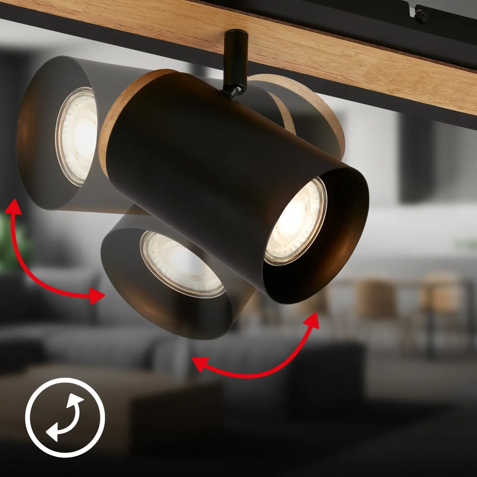 Downlight Duta, longitud 40 cm, negro/color madera, 2 luces.