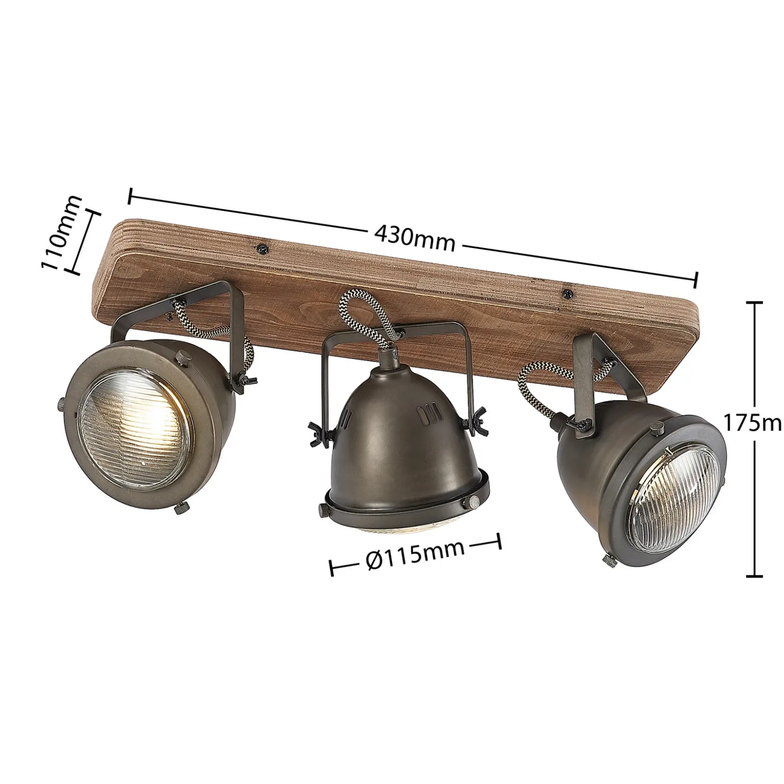 Downlight Farovi de Lindby, negro, 44 cm, 3 luces, madera, GU10