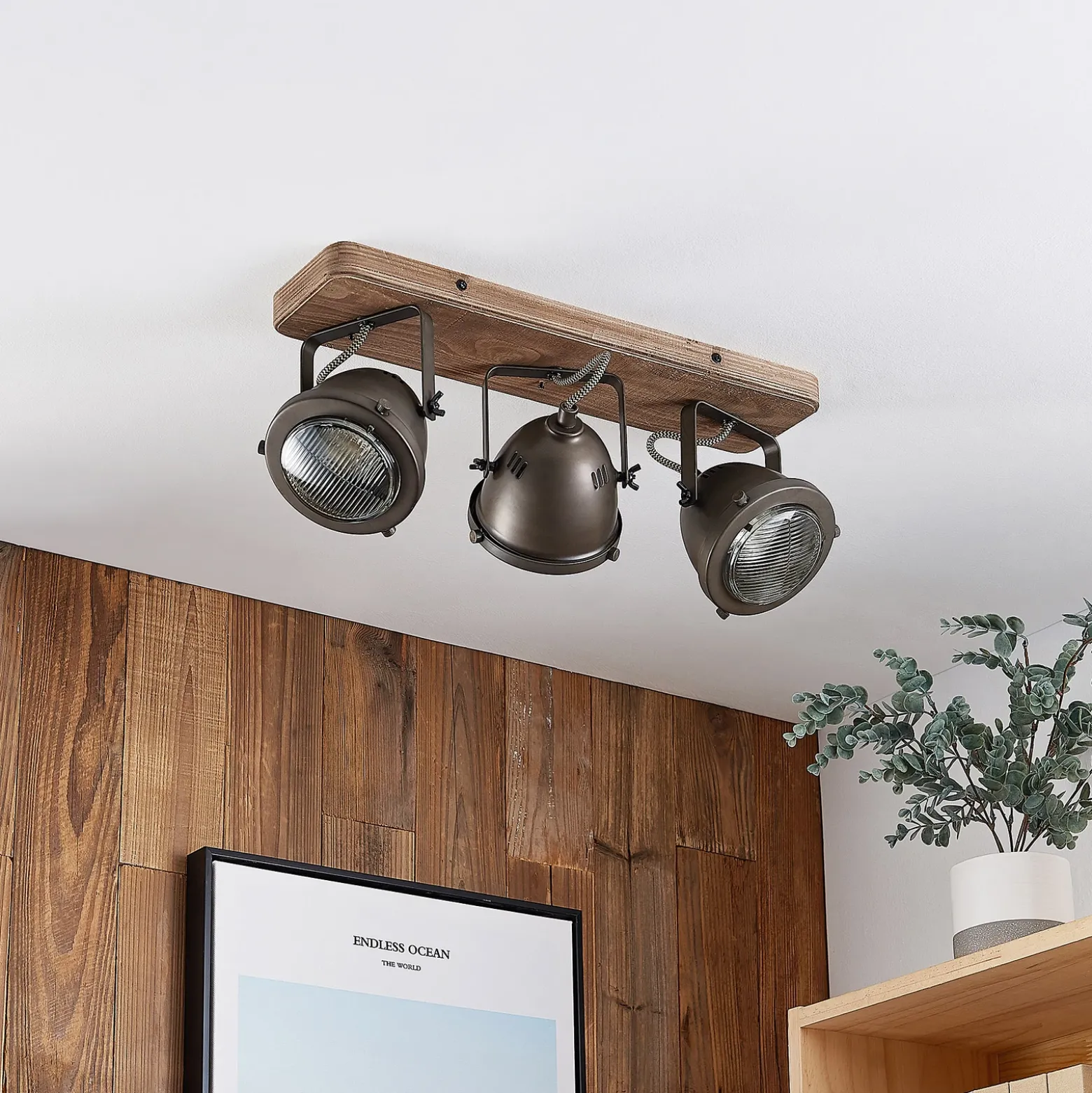 Downlight Farovi de Lindby, negro, 44 cm, 3 luces, madera, GU10