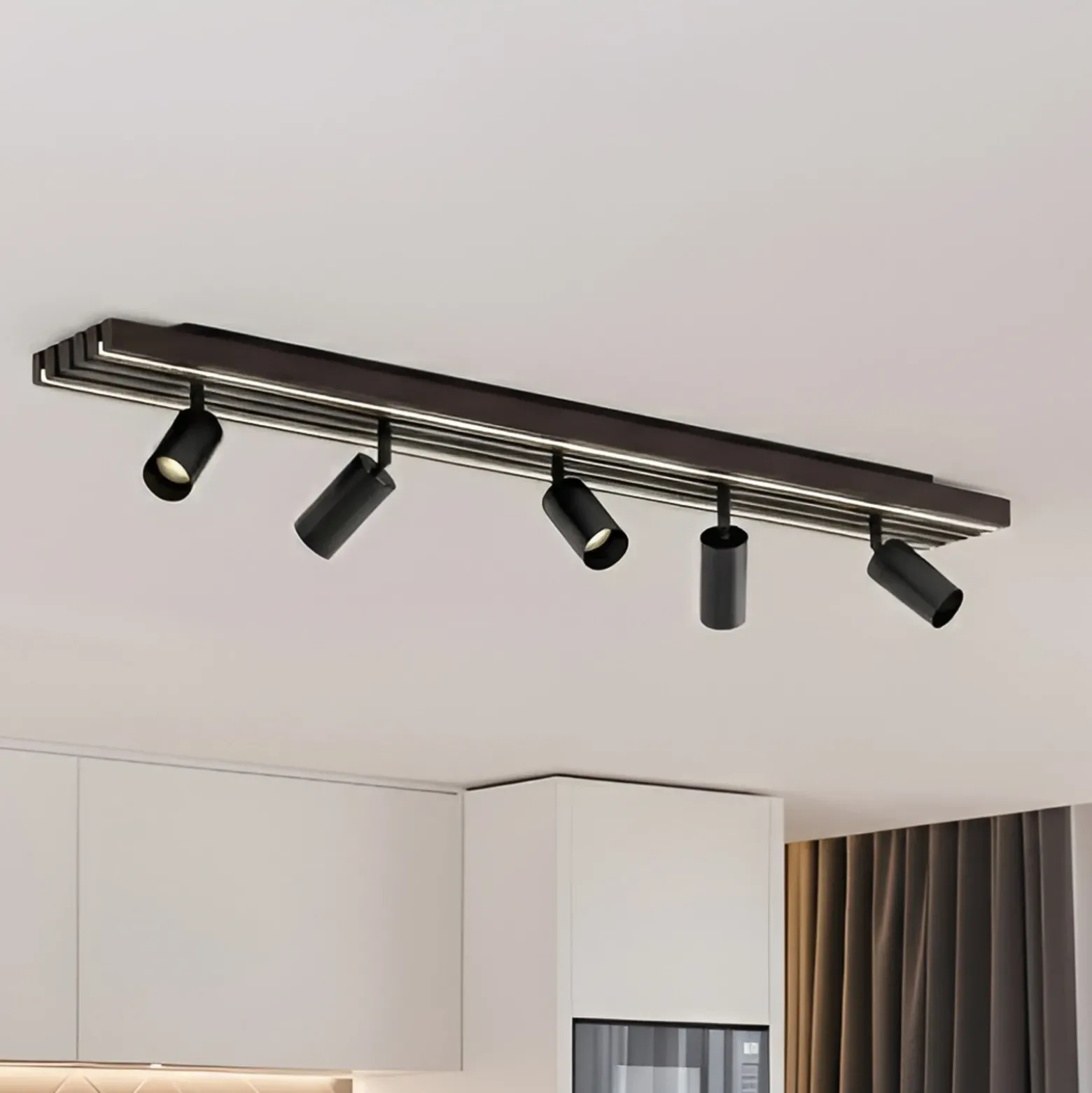 Downlight LED Lucande Tiron, 5 luces, 100 cm, roble