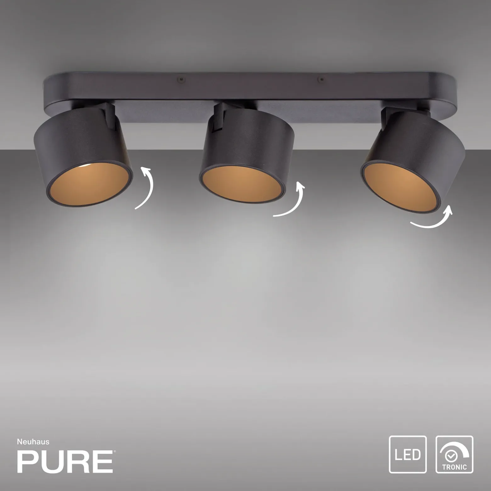 Downlight LED PURE Cup, negro, longitud 56 cm, metal, 3 luces.