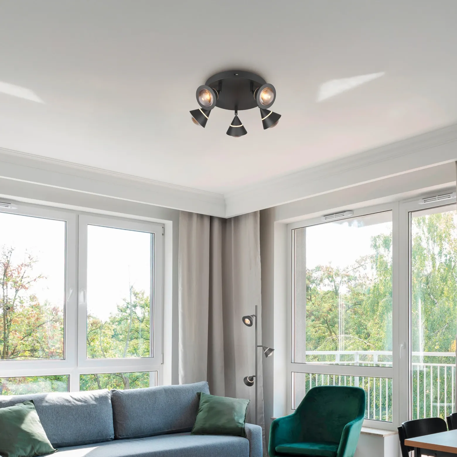 Downlight LED Romeo, Ø 30 cm, negro, metal, 5 luces.