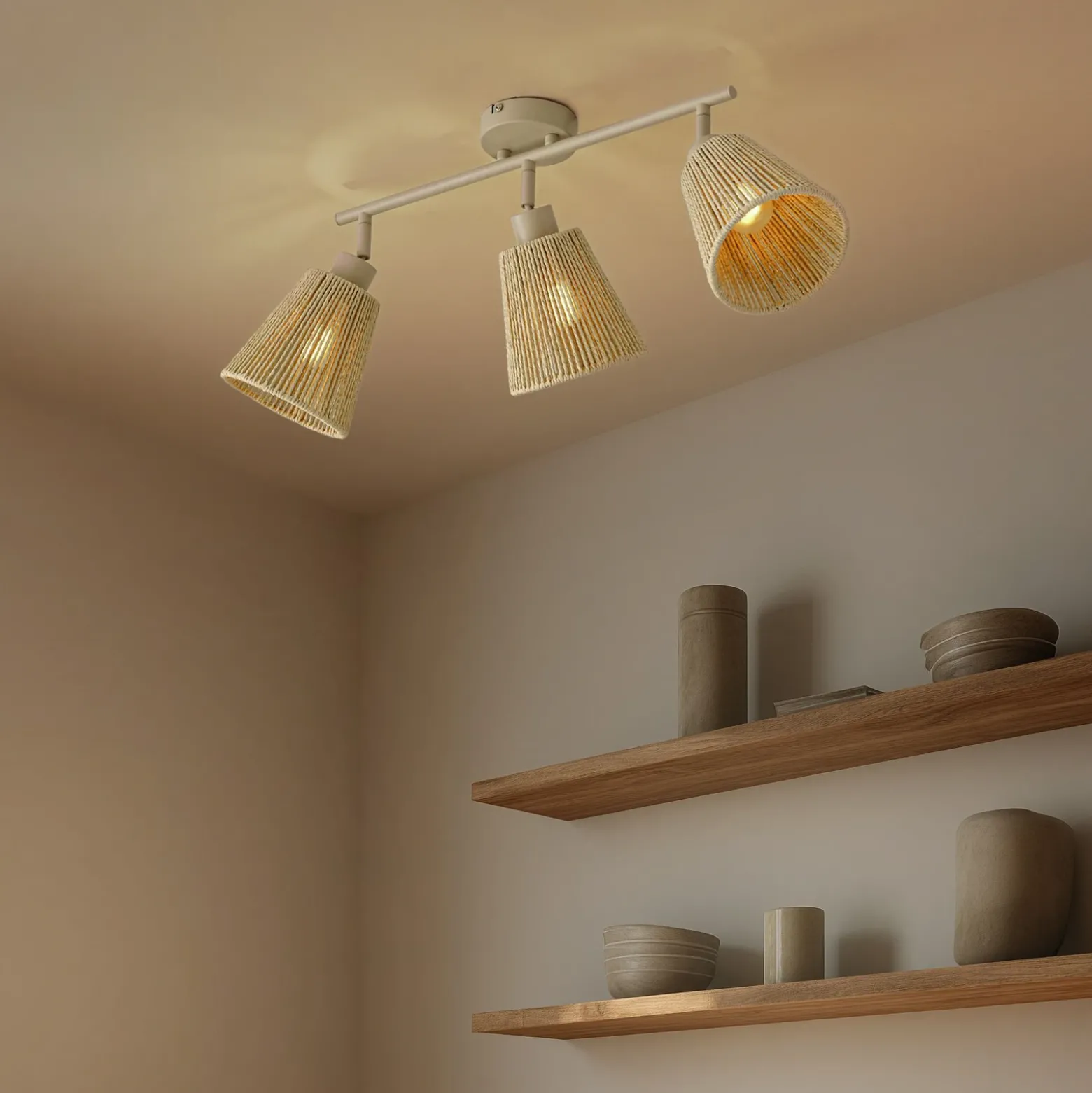 Downlight Lindby Anuva, 72 cm, 3 luces, beige, papel