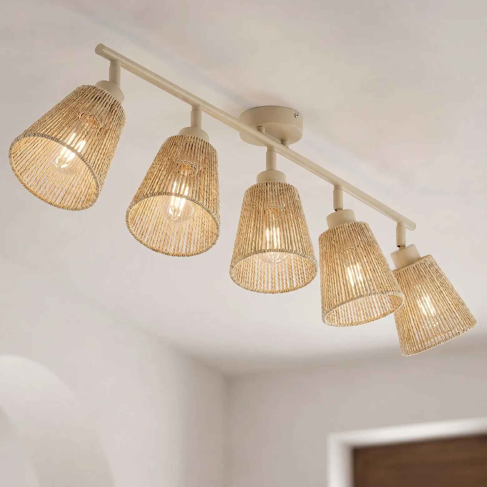 Downlight Lindby Anuva, 86 cm, 5 luces, beige, papel