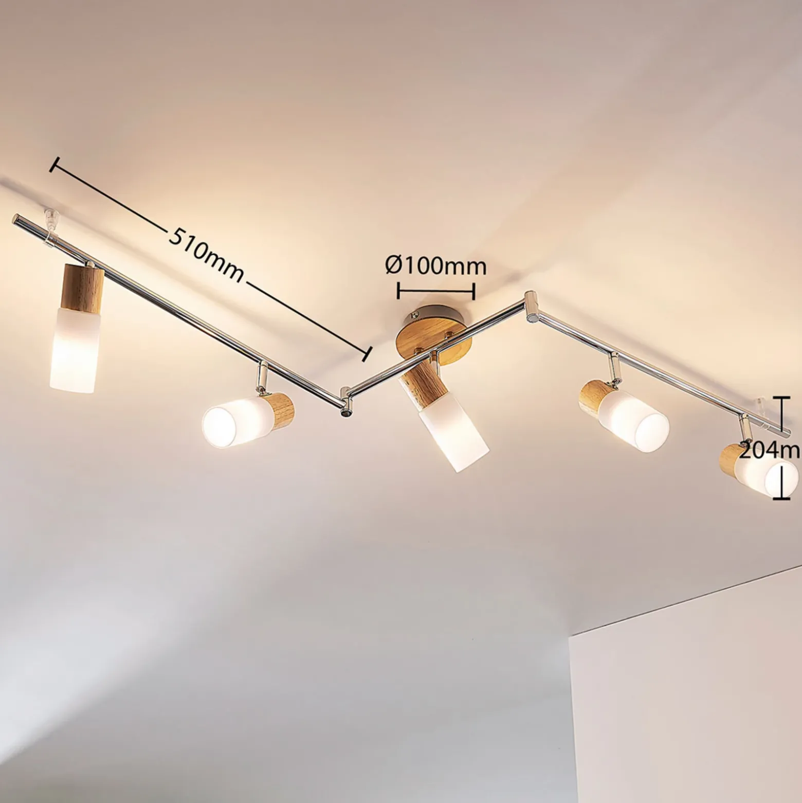 Downlight Lindby Christoph, 130 cm, 5 luces, madera y cristal