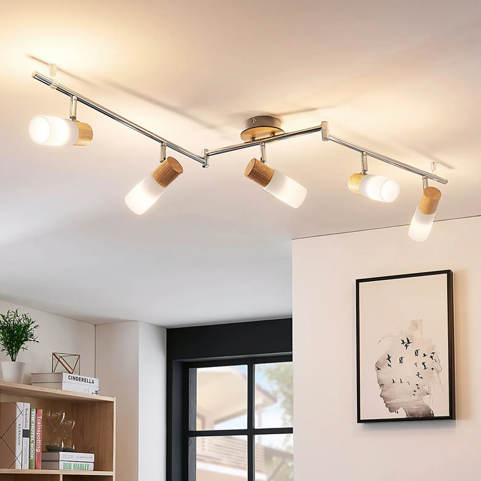 Downlight Lindby Christoph, 130 cm, 5 luces, madera y cristal