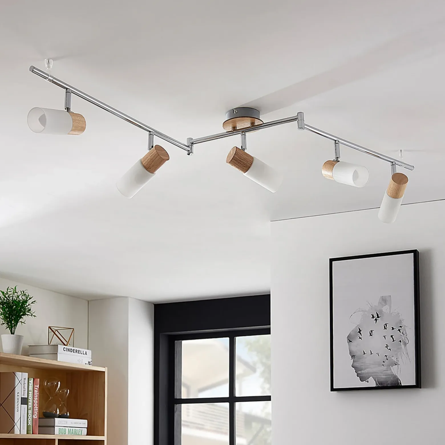 Downlight Lindby Christoph, 130 cm, 5 luces, madera y cristal