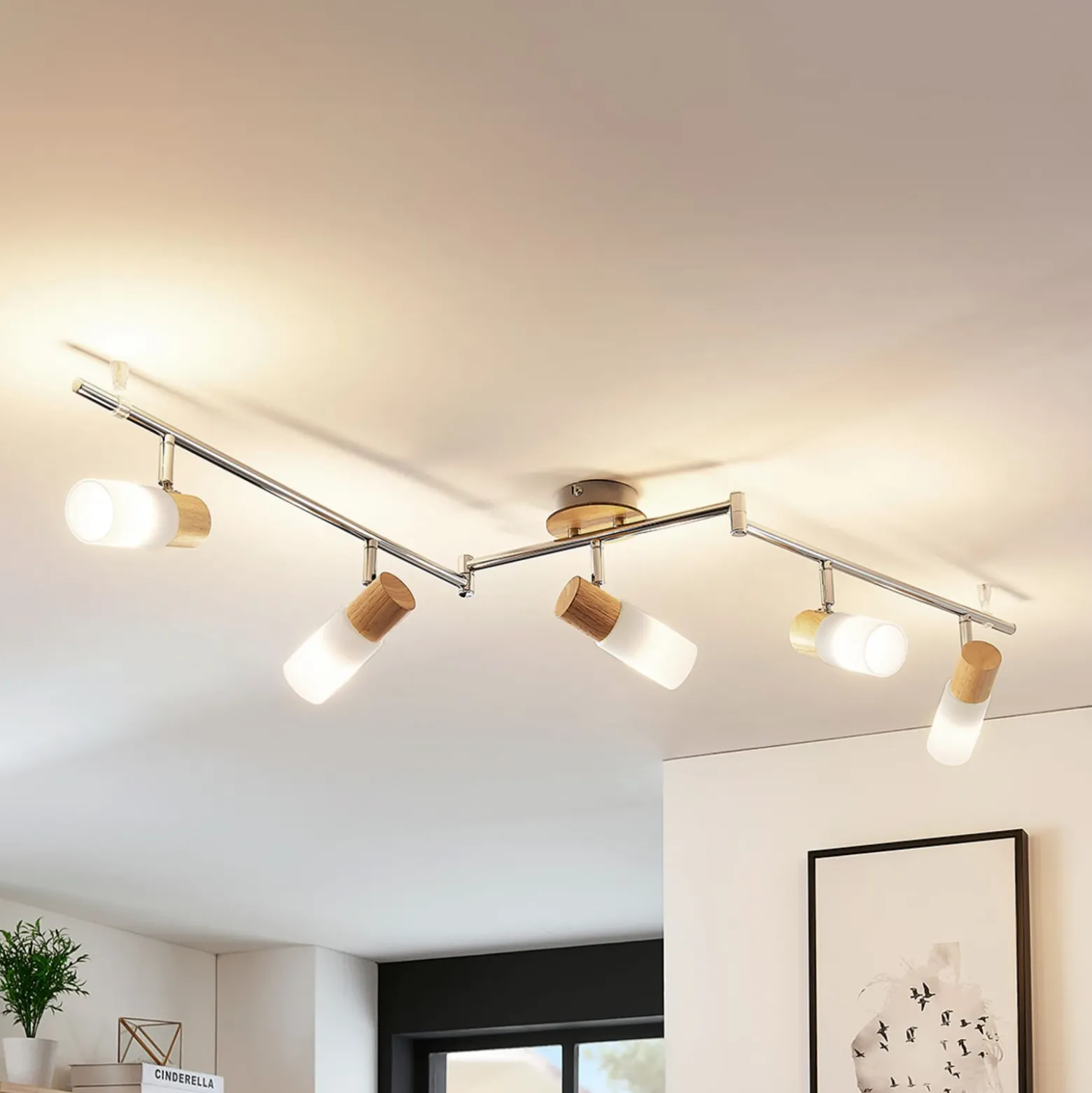 Downlight Lindby Christoph, 130 cm, 5 luces, madera y cristal