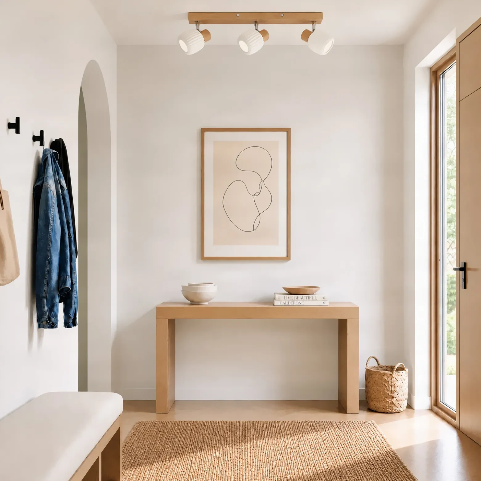 Downlight Lindby Darla, de 3 luces, blanco/color madera