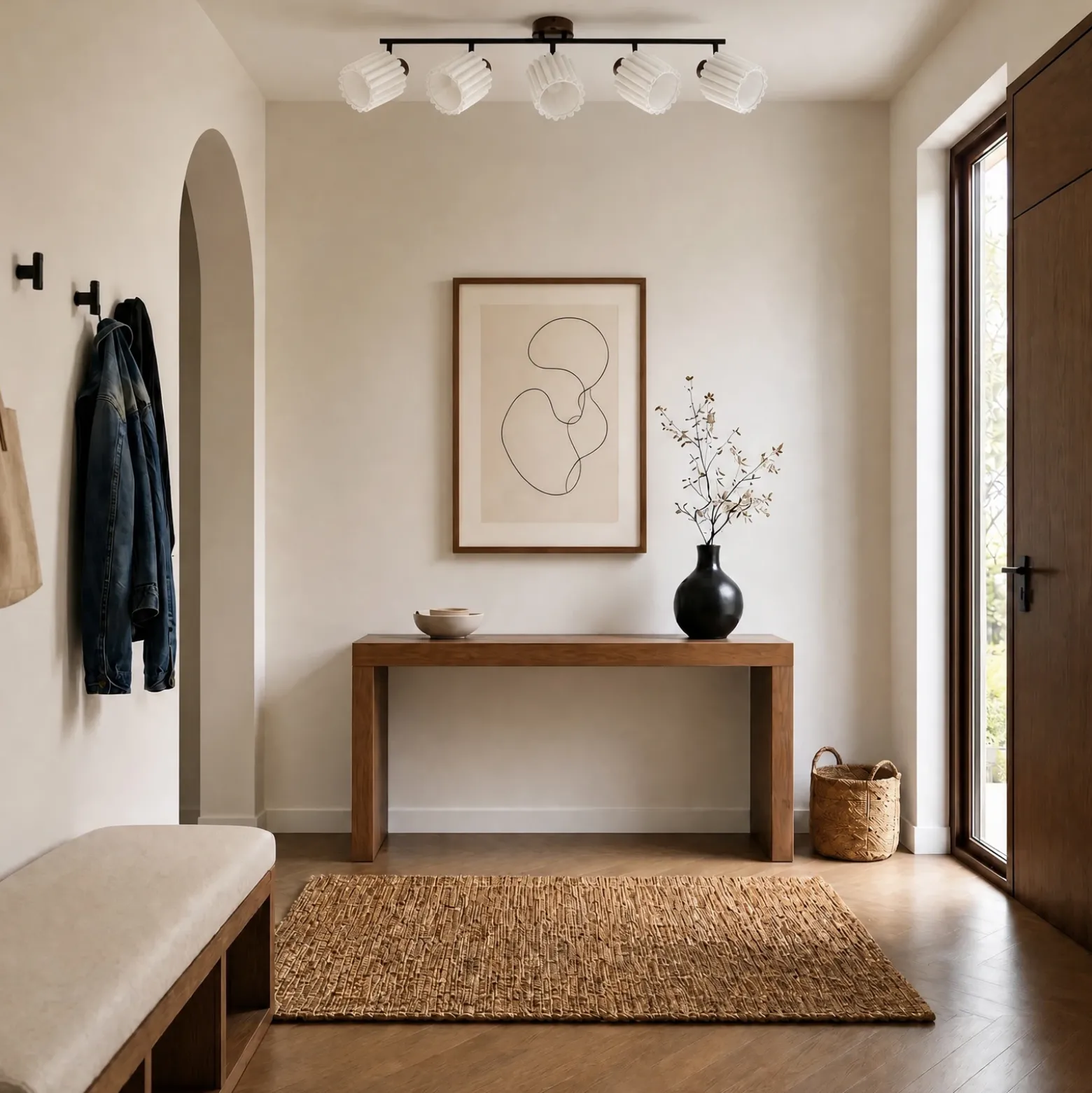 Downlight Lindby Shiloh, 5 luces, nogal/beige, madera