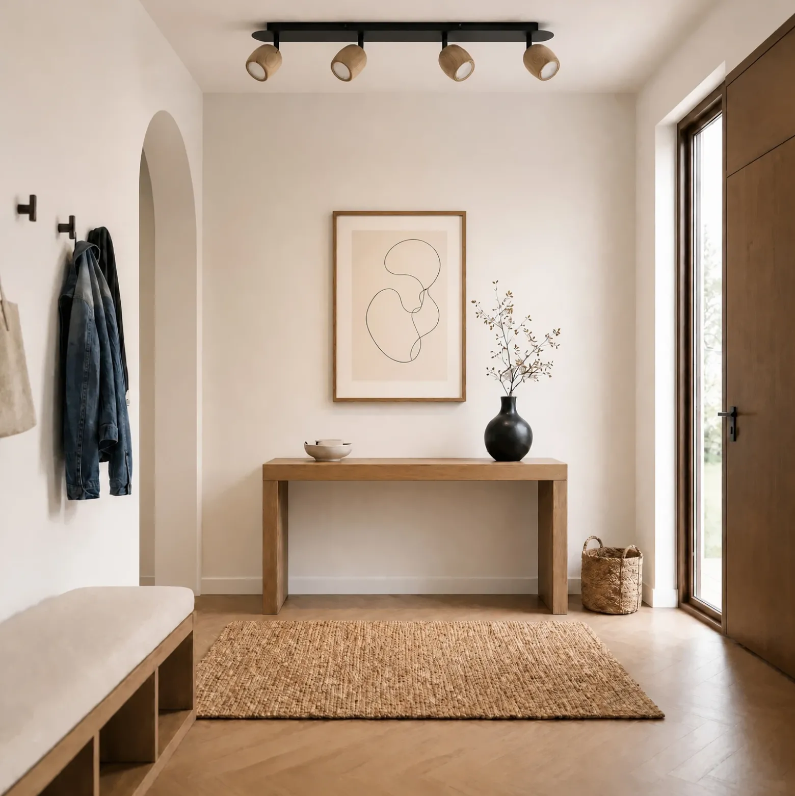 Downlight Lindby Sloane, 4 luces, madera/negro, GU10