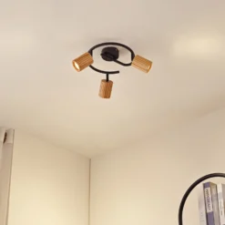 Downlight Lindby Stralino, 3 luces, Ø31 cm, madera, GU10