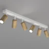 Downlight Nisse, blanco, longitud 90 cm, 5 luces, madera/metal