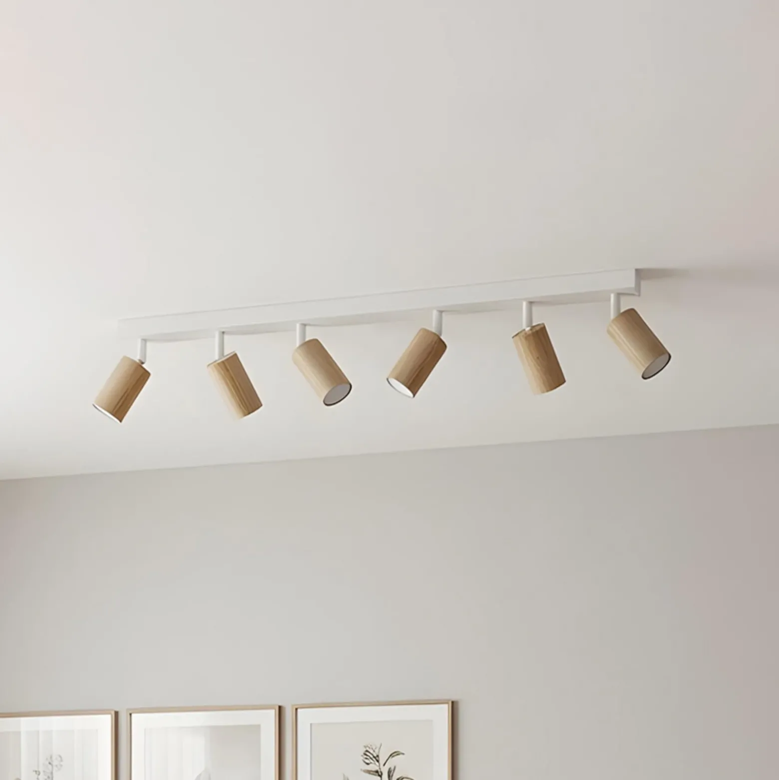 Downlight Nisse, blanco, longitud 90 cm, 5 luces, madera/metal