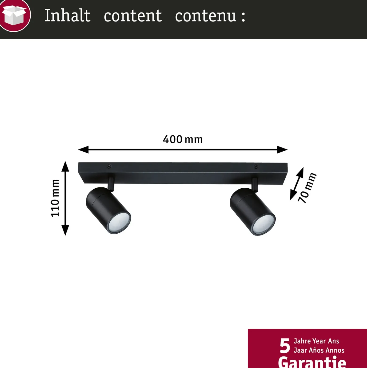 Downlight Paulmann Zyli negro, longitud 40 cm, 2 luces, IP44
