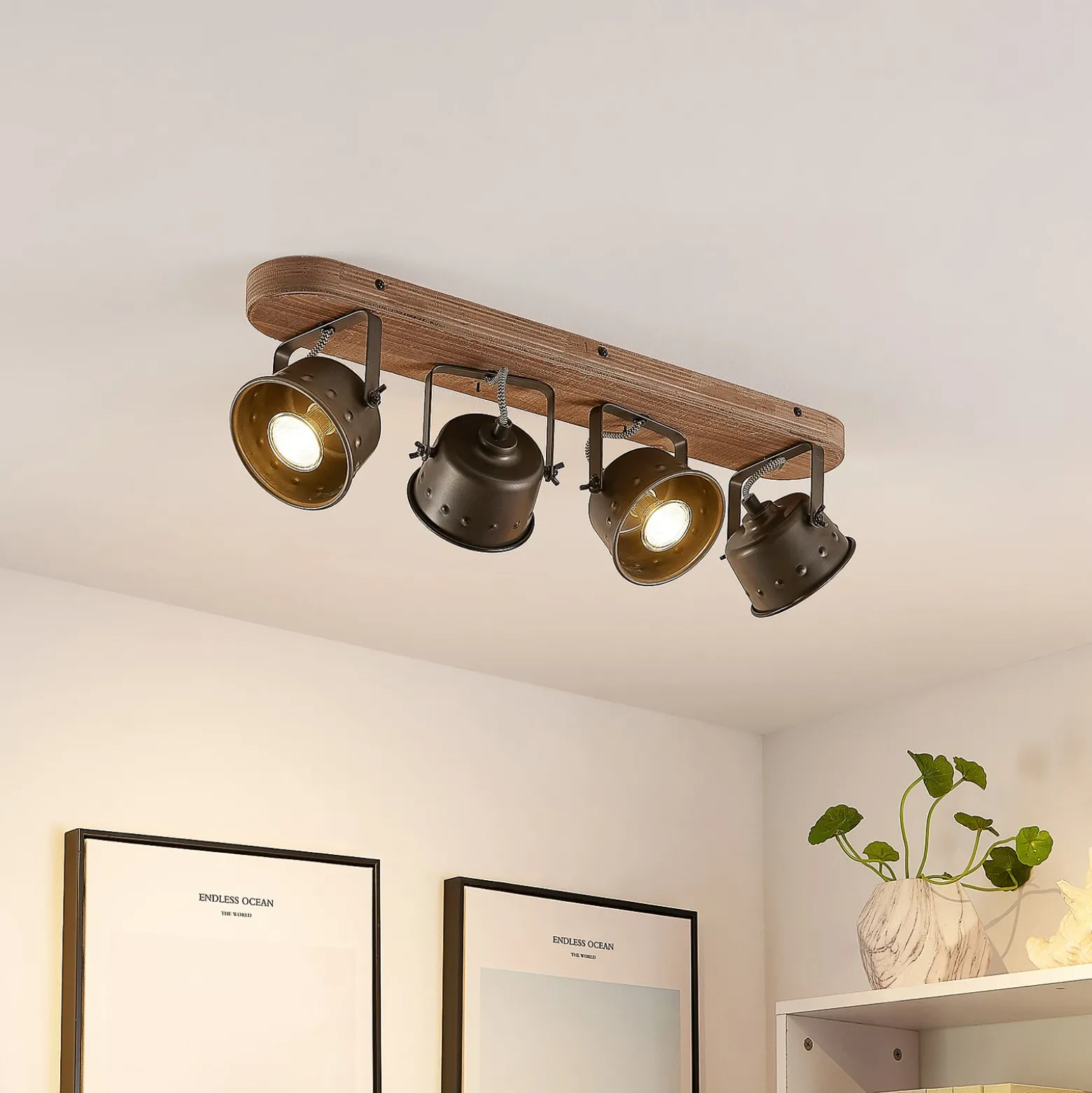Downlight Rubinjo de Lindby, 62 cm, 4 luces, madera, GU10