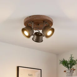 Downlight Rubinjo de Lindby, Ø 31 cm, 3 luces, madera, GU10