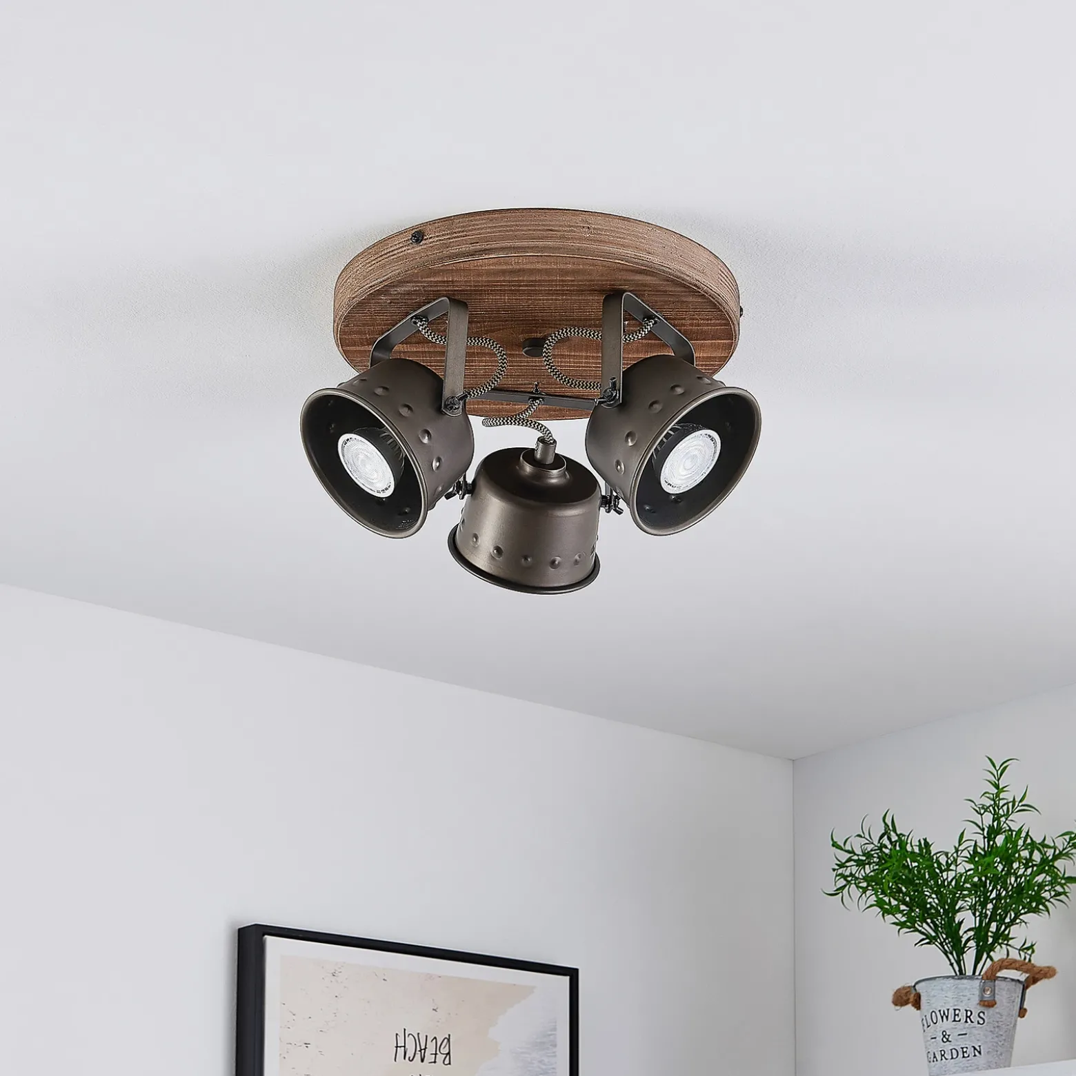 Downlight Rubinjo de Lindby, Ø 31 cm, 3 luces, madera, GU10