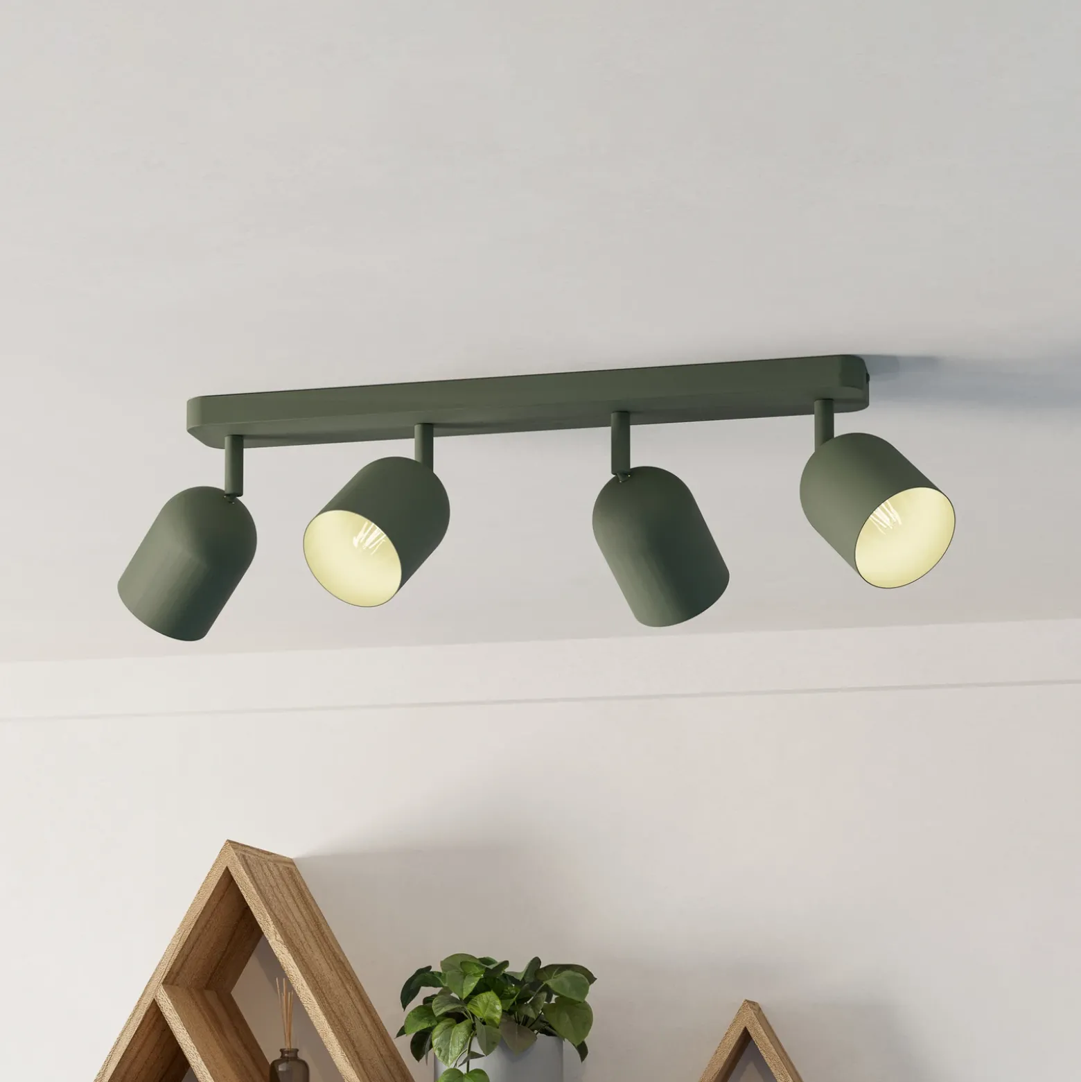 Downlight Tilston, verde oscuro, longitud 58 cm, 4 luces, acero