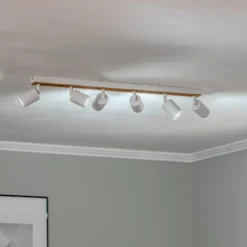 Downlight Tino, blanco/madera, 6 luces, 80 cm