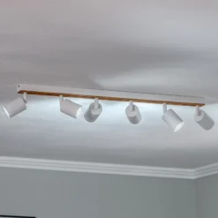Downlight Tino, blanco/madera, 6 luces, 80 cm