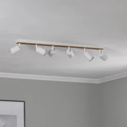 Downlight Tino, blanco/madera, 6 luces, 80 cm