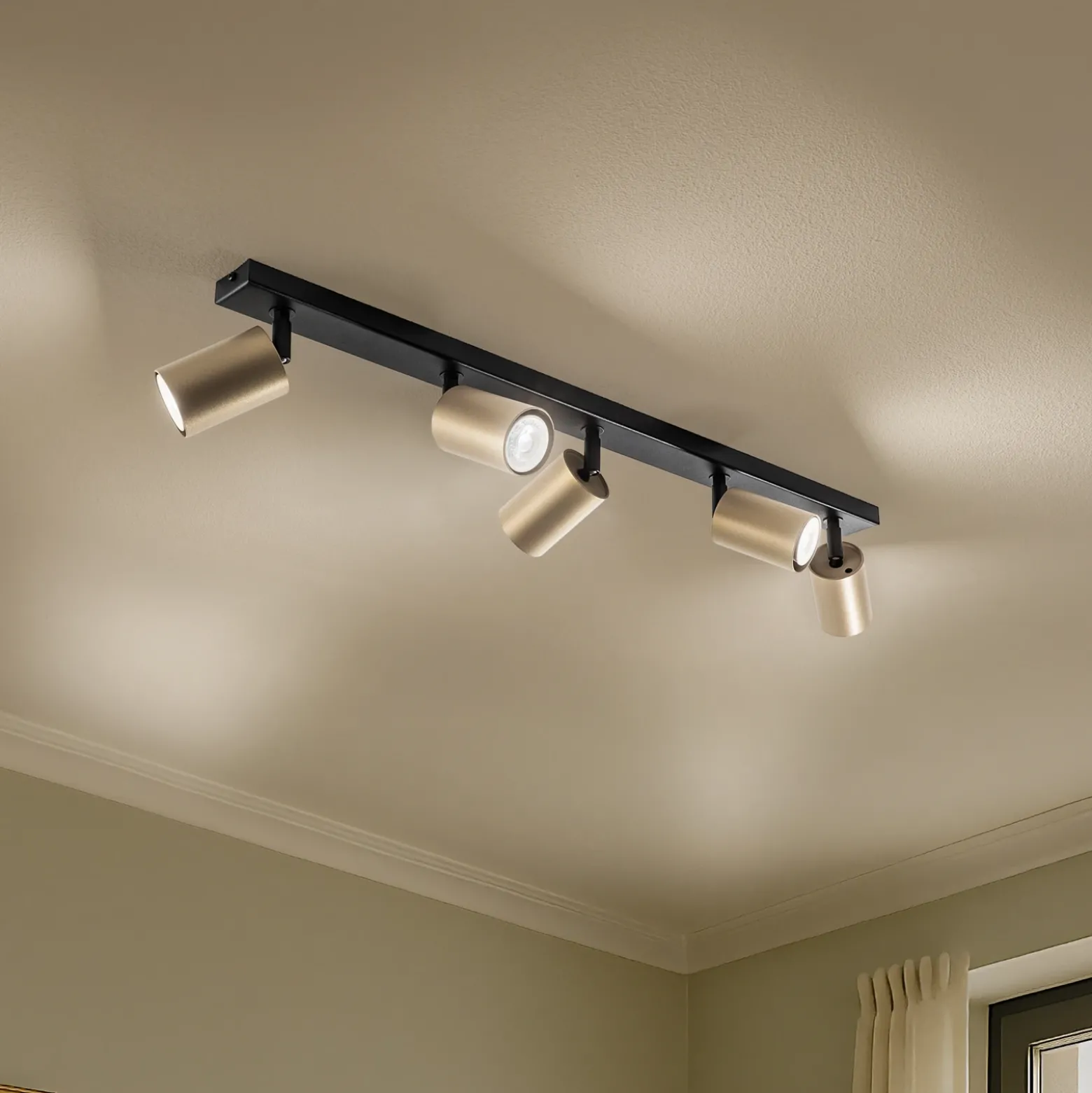 Downlight Zoom, 5 luces, negro/dorado
