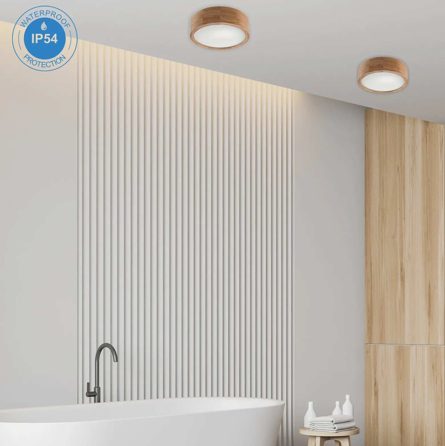 Envostar Caspian plafón, Ø 27 cm, IP54, roble