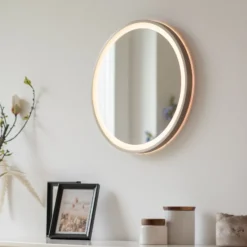 Espejo LED de pared VIDRO, bronce, Ø 46 cm, batería externa, interruptor