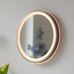 Espejo LED de pared VIDRO, bronce, Ø 36 cm, batería externa, interruptor