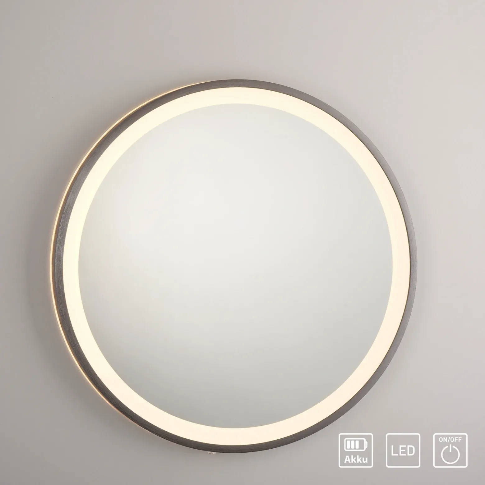 Espejo LED de pared VIDRO, gris, Ø 46 cm, batería externa, interruptor