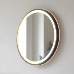 Espejo LED de pared VIDRO, gris, Ø 46 cm, batería externa, interruptor