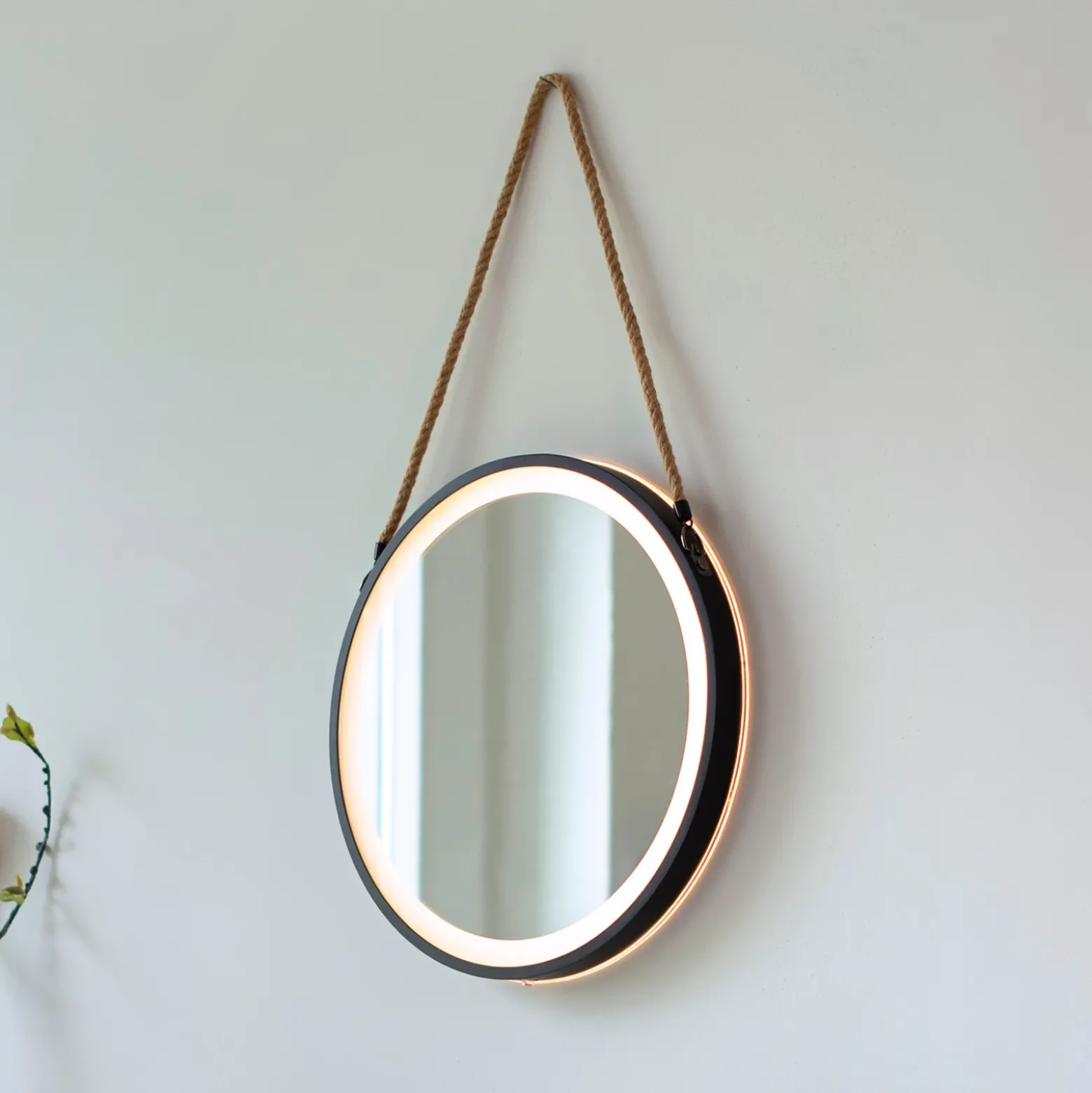 Espejo LED de pared VIDRO, negro, Ø 40 cm, batería externa, para colgar