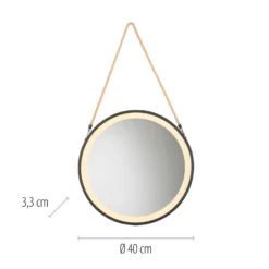 Espejo LED de pared VIDRO, negro, Ø 40 cm, batería externa, para colgar