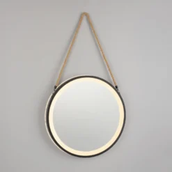 Espejo LED de pared VIDRO, negro, Ø 40 cm, batería externa, para colgar