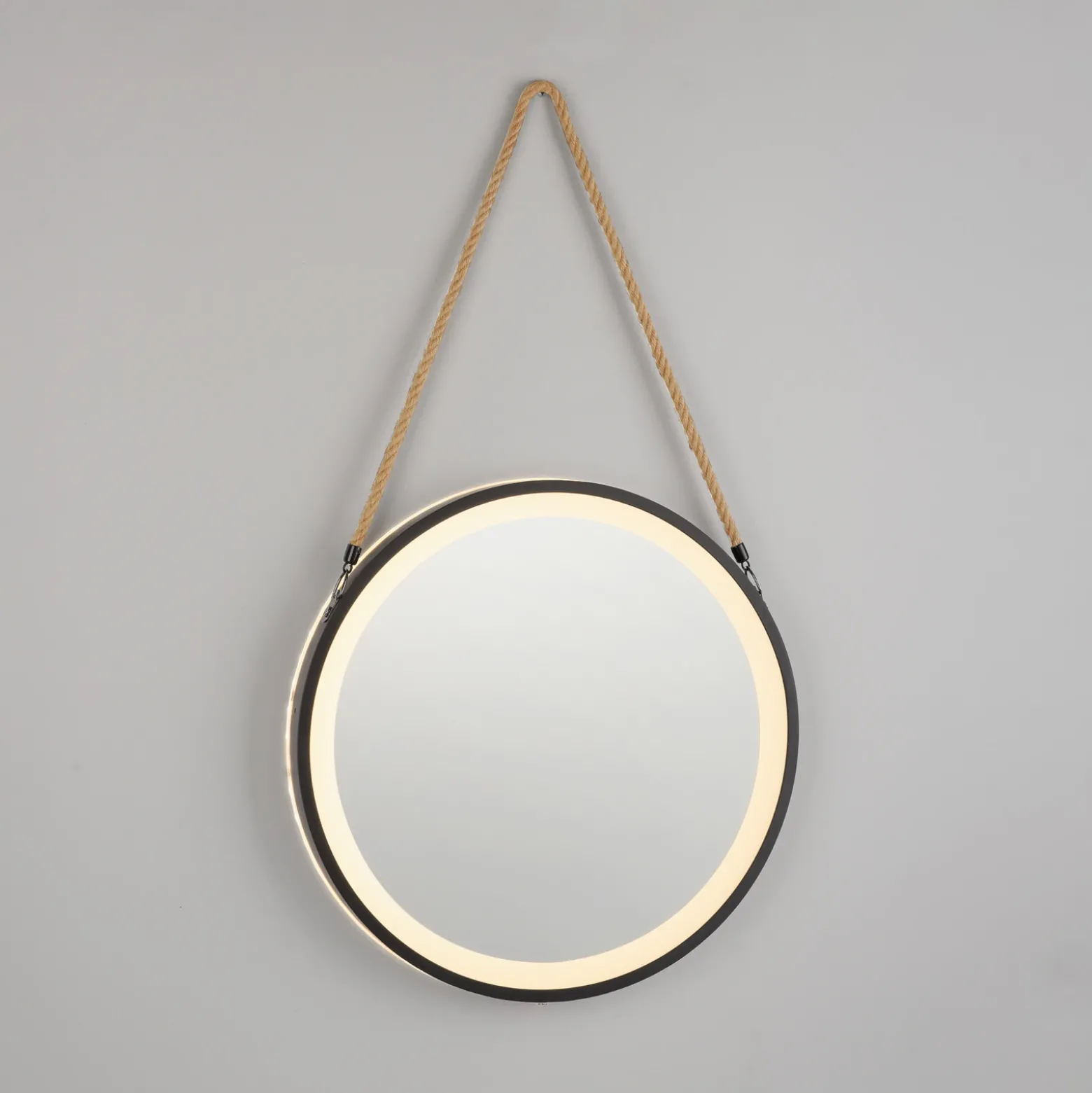 Espejo LED de pared VIDRO, negro, Ø 40 cm, batería externa, para colgar