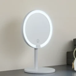 Espejo Lindby LED recargable Renki, blanco, plástico, atenuable