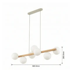 Estera lámpara colgante, cristal opalino, madera, 7 luces