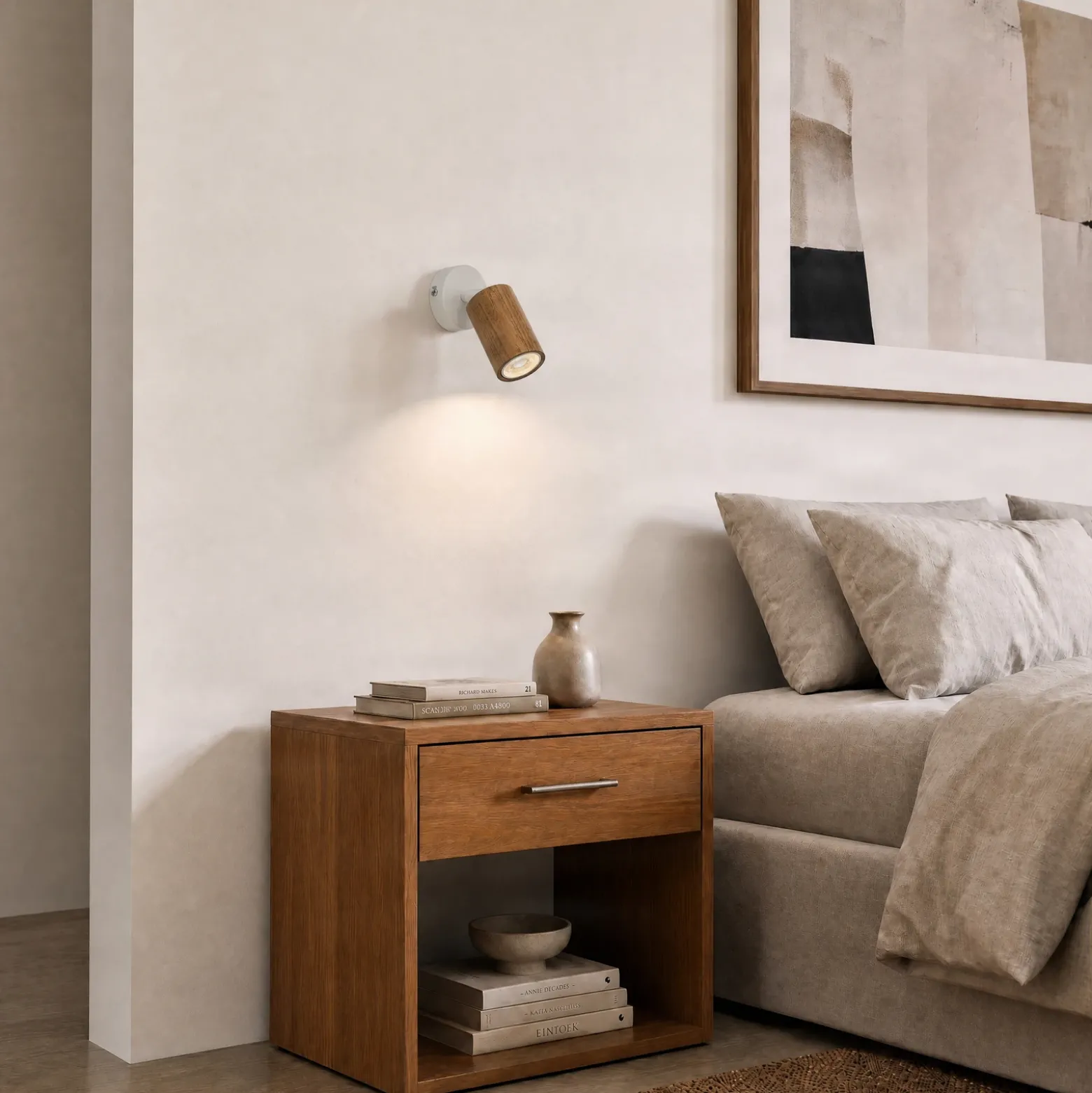 Foco de pared Nisse, blanco, profundidad 18 cm, 1 luz, madera/metal